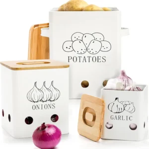 Metal Onion Garlic Potato Jars Set, Kitchen Canisters Vegetable Keeper Containers with Aerating Holes and Wooden Lid